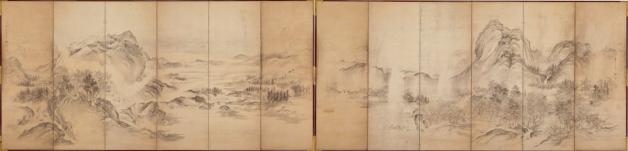 Mountain Views, rewers sześciopanelowego parawanu, okres Edo, 1856-58 (pranie na papierze) autorstwa Ikeda Koson