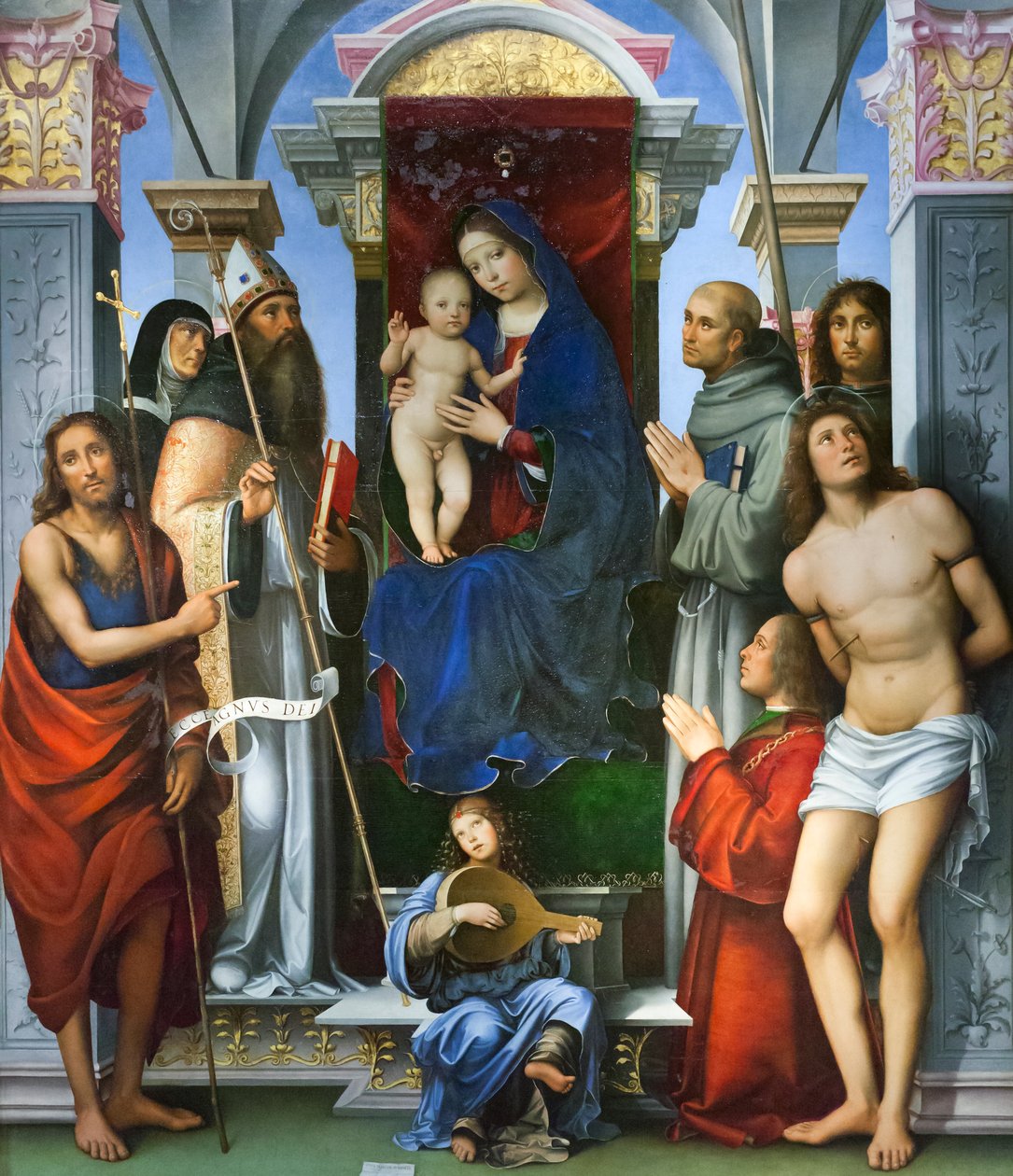 Madonna z Dzieciątkiem na tronie, ze świętymi autorstwa Il (1450-1517) Francia