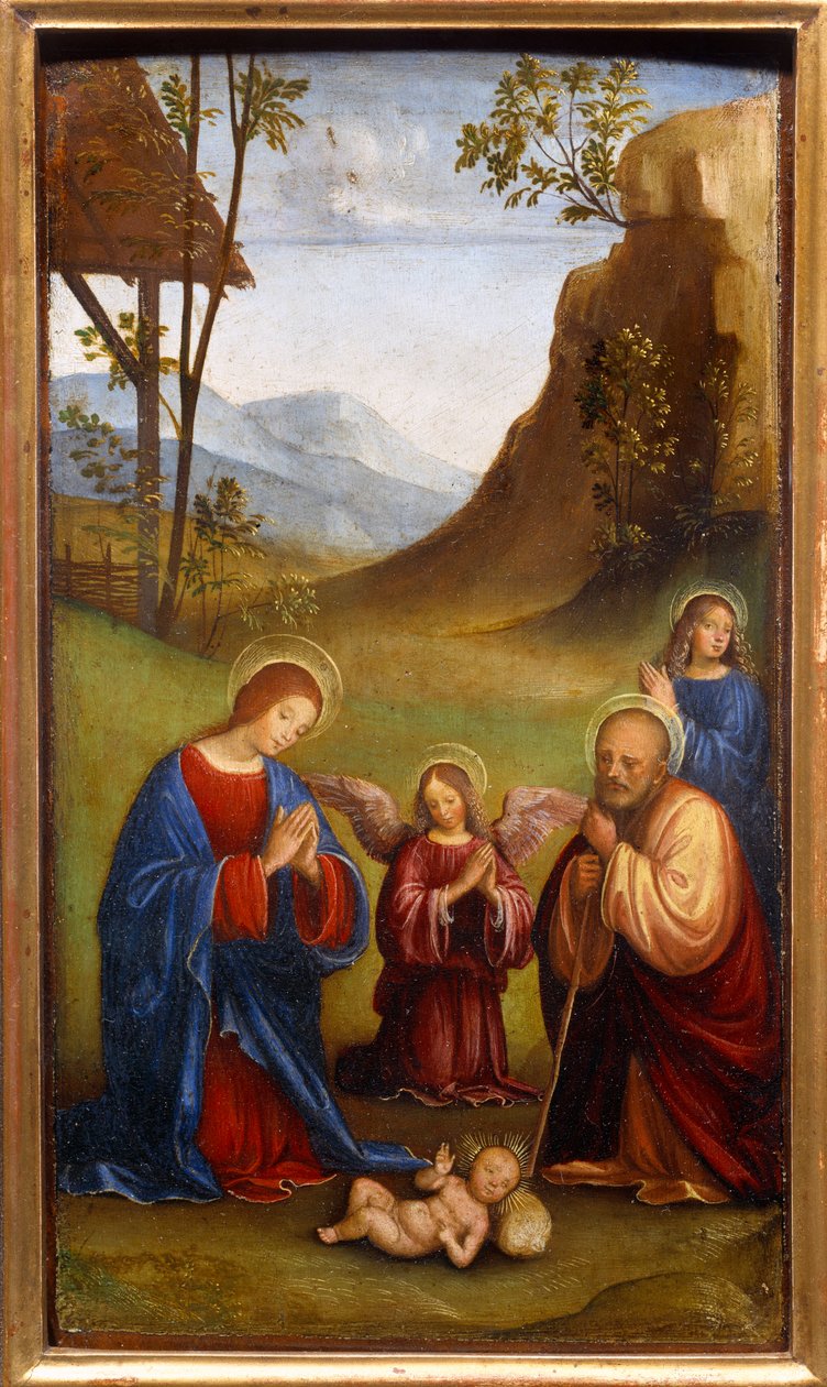 Adoracja dziecka. Święty Józef, Dziewica Maryja i anioł modli się wokół nowo narodzonego Chrystusa. Malarstwo Francesco Francia (1450-1517) autorstwa Il  Francia