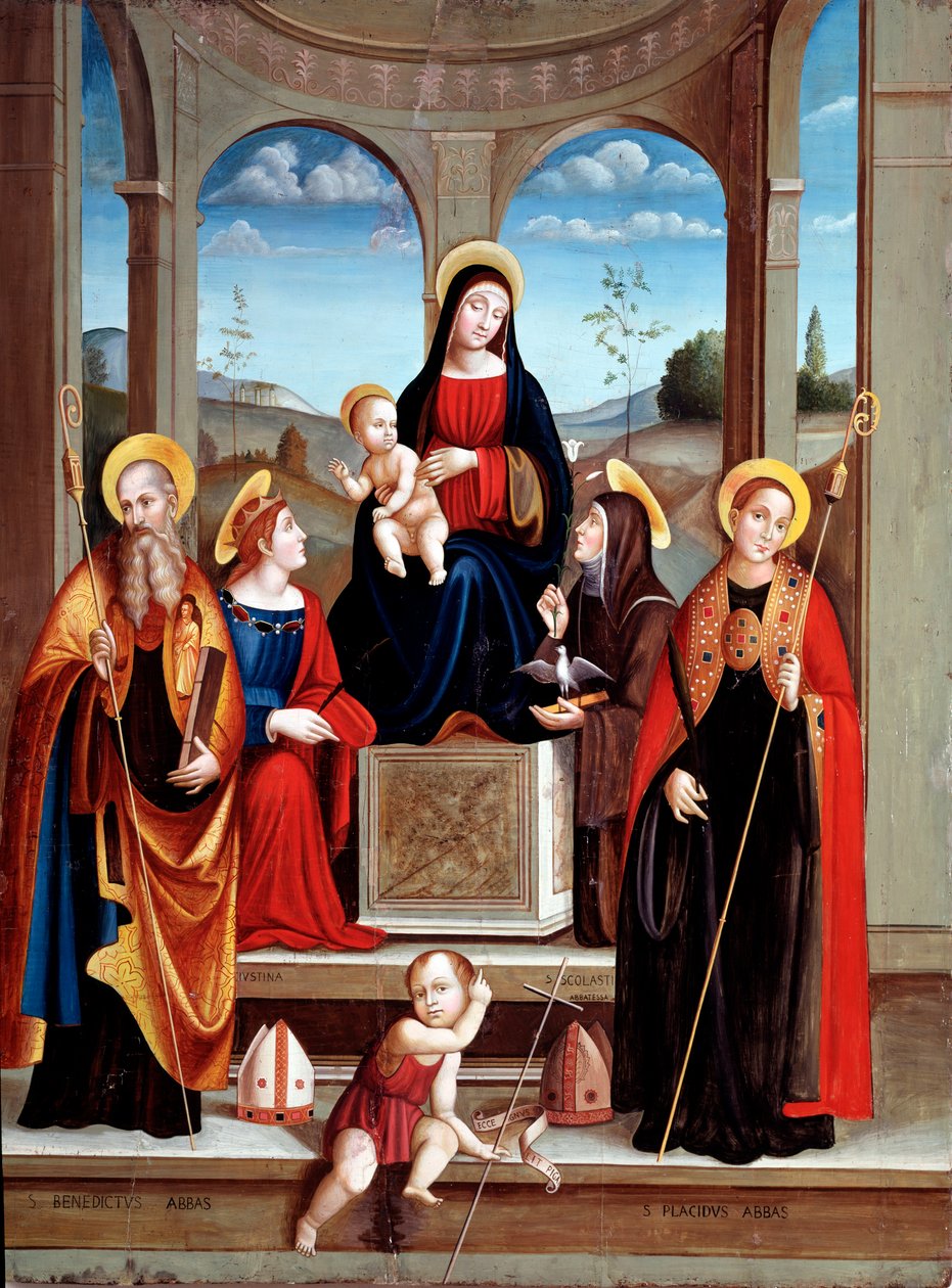 Madonna z Dzieciątkiem i św. Benedykt z Nursji, Justyna, Placide i Skolastyka (olej na drewnie, ok. 1515) autorstwa Il  Francia