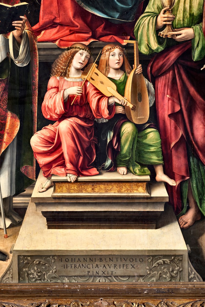 Muzycy Anioły, fragment Matki Boskiej z Dzieciątkiem i św. Prokuła, św. Jan Ewangelista, św. Augustyn, św. Sebastian (Malarstwo autorstwa Il  Francia