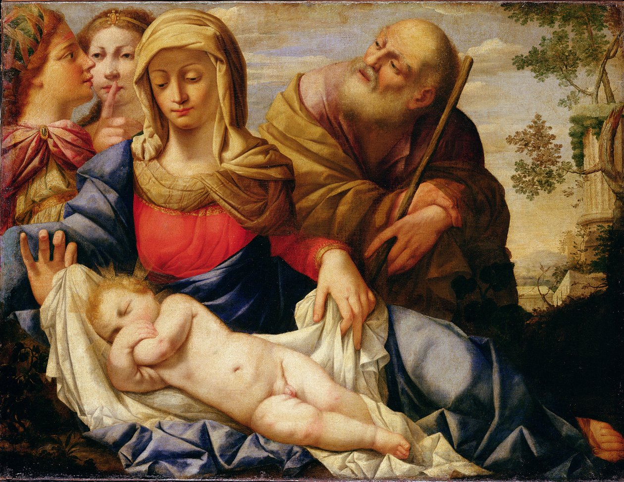 Święta Rodzina z dwiema postaciami kobiecymi, połowa XVII wieku (olej na płótnie) autorstwa Il (1609 85) Sassoferrato