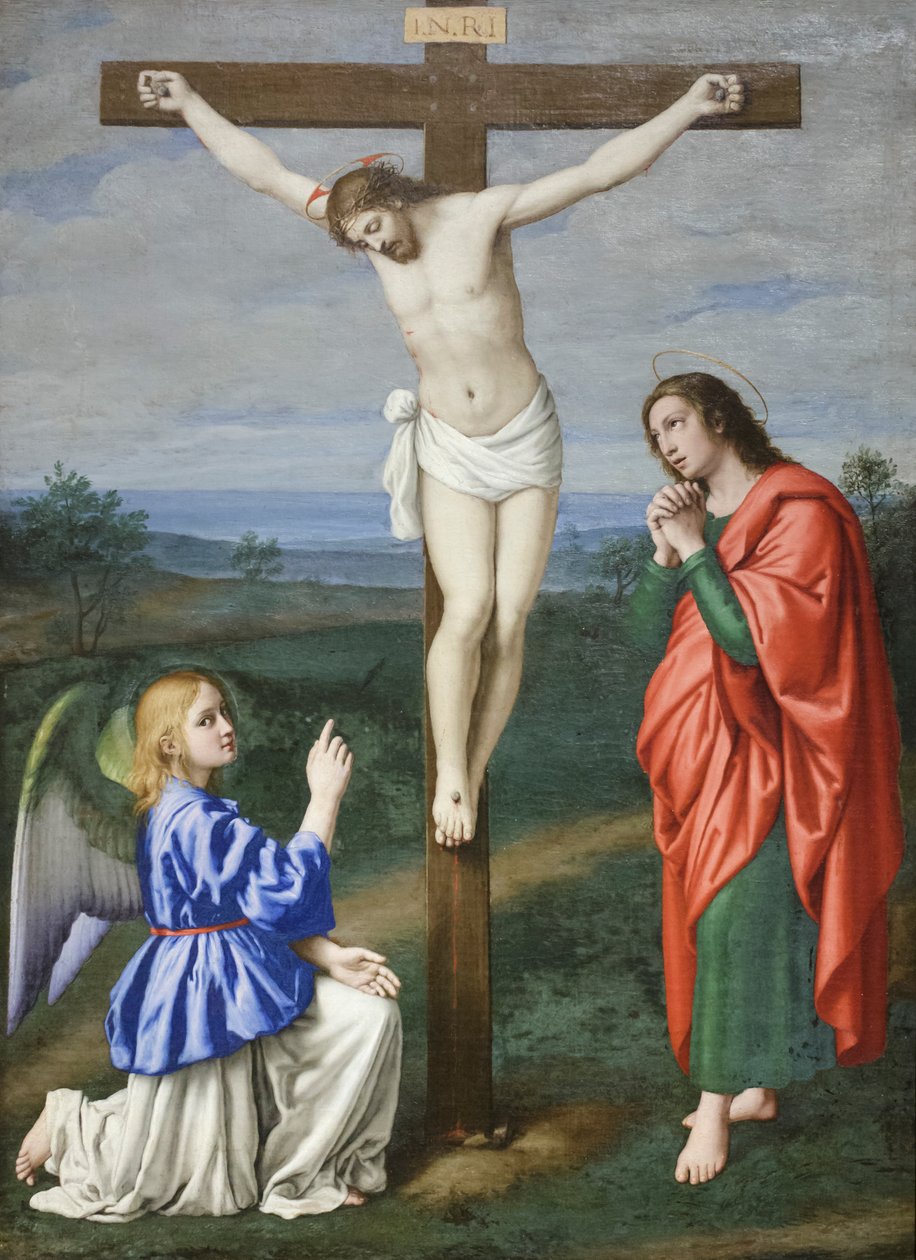 Chrystus ukrzyżowany między aniołem a św. Janem Ewangelistą, ok. 1640 (olej na płótnie) autorstwa Il (1609 85) Sassoferrato