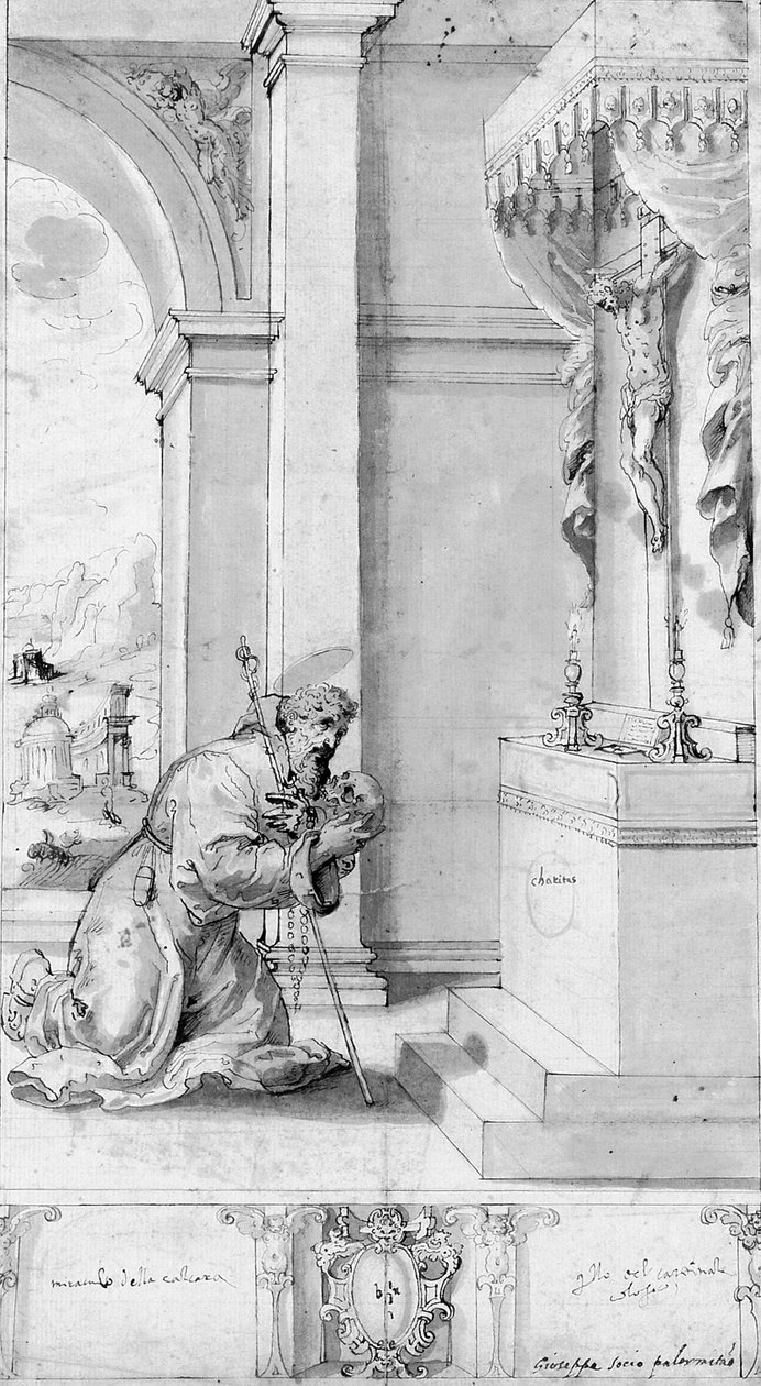 Święty klęczący przed ołtarzem z krucyfiksem: projekt chorągwi procesyjnej (kreda, długopis i atrament, pranie na papierze) autorstwa Il (c.1550 1611) Sozzo