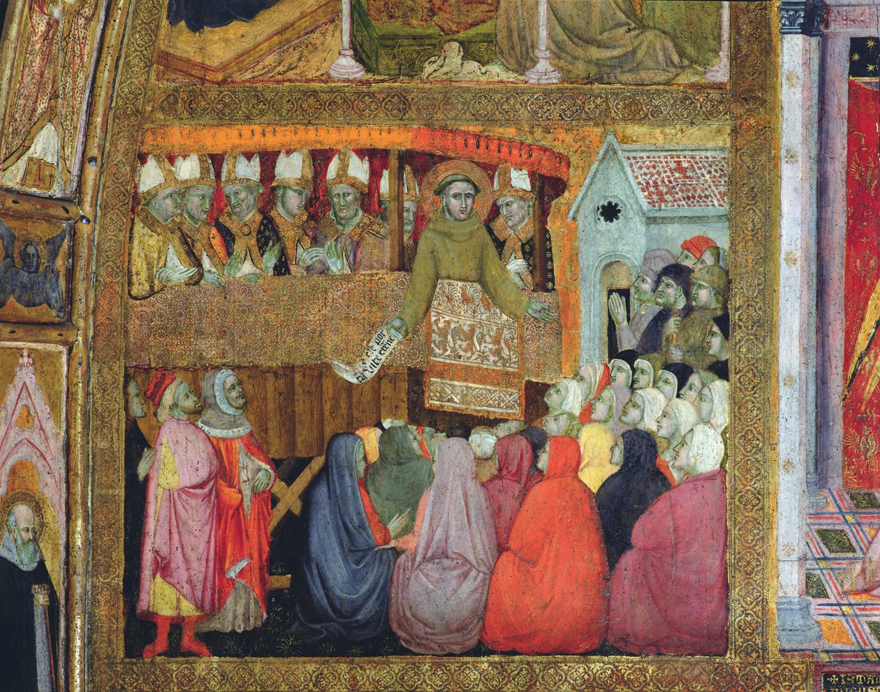 Franciszek promulguje odpust w towarzystwie biskupów Umbrii, fresk z Porziuncoli, 1393 r. autorstwa Ilario da Viterbo