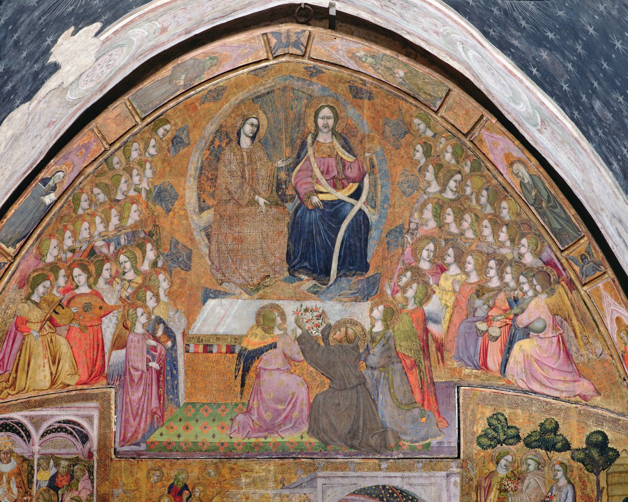 Św. Franciszek ofiarowujący róże objawieniu Chrystusa i Dziewicy, fresk z Porcjunkuli, 1393 autorstwa Ilario da Viterbo