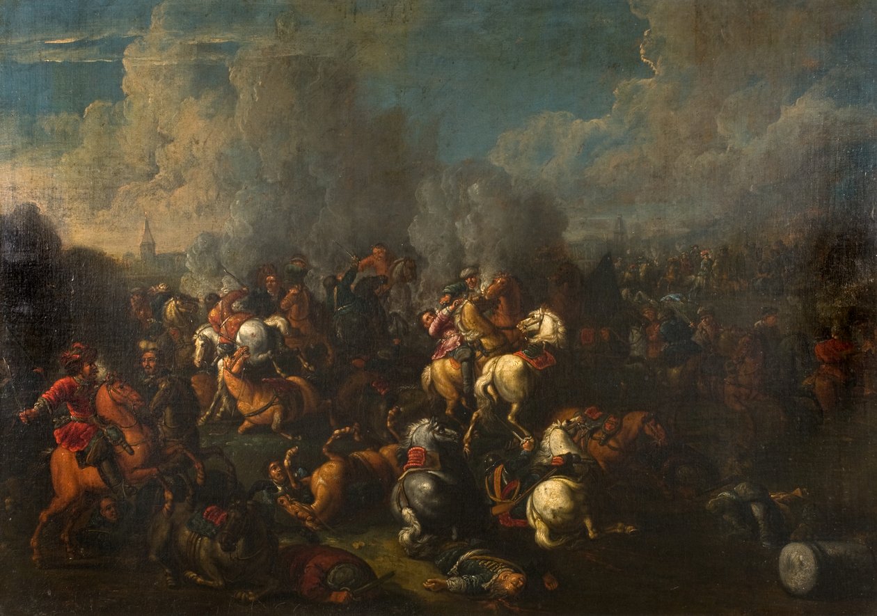 Scena bitwy (olej na płótnie) autorstwa Ilario (follower of) Spolverini