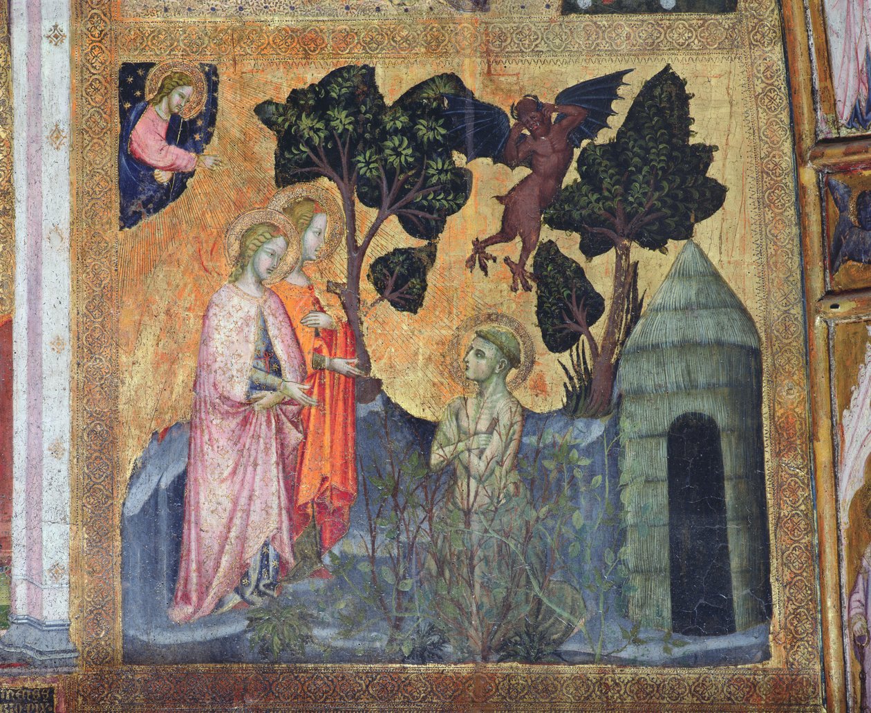 Franciszek rzuca się w ciernie, fresk z Porcjunkuli, 1393 r. autorstwa Ilario da Viterbo