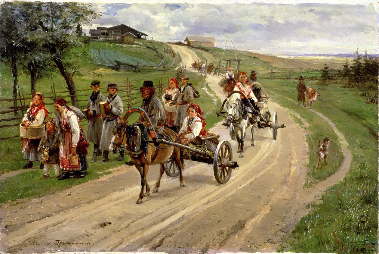 Powrót z targów, 1883 r. autorstwa Illarion Mikhailovich Pryanishnikov