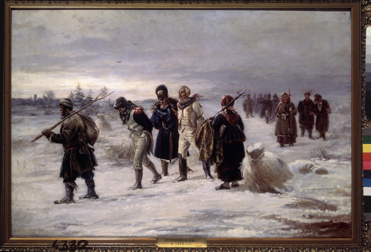 W 1812 r. (Więźniowie schwytani z Wielkiej Armii Napoleona idą po śniegu, wycieńczeni, eskortowani przez chłopów rosyjskich). Obraz Illariona Michajłowicza Pryanisznikowa (1840-1894), olej na płótnie autorstwa Illarion Mikhailovich Pryanishnikov