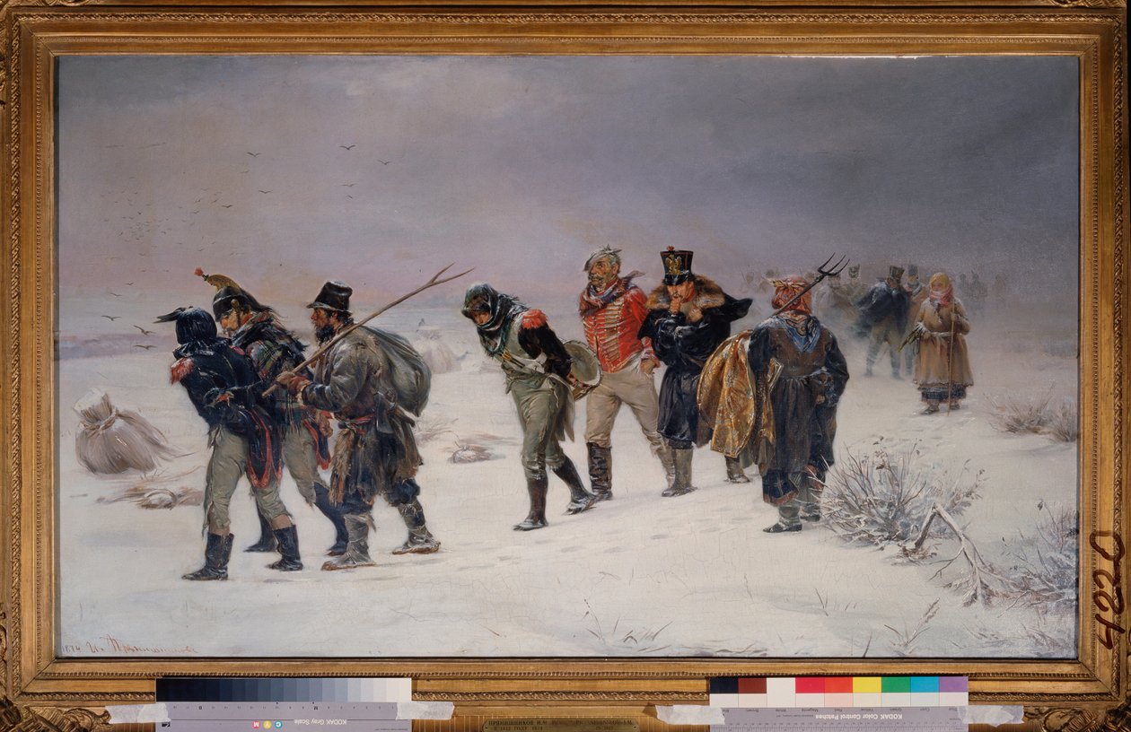 W 1812r. (Więźniowie pojmani z Wielkiej Armii Napoleona idą po śniegu, wycieńczeni, eskortowani przez chłopów rosyjskich). Obraz Illariona Michajłowicza Pryanisznikowa (1840-1894), olej na płótnie autorstwa Illarion Mikhailovich Pryanishnikov