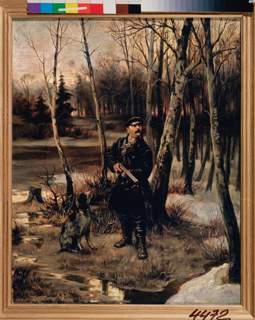Polowanie na słonki - strzelanie do słonek - obraz Illariona Michajłowicza Pryanisznikowa (1840-1894), olej na płótnie autorstwa Illarion Mikhailovich Pryanishnikov
