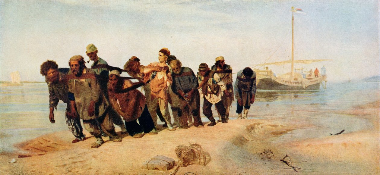 Skazani ciągnący łódź wzdłuż Wołgi, Rosja, 1873 autorstwa Ilya Efimovich Repin