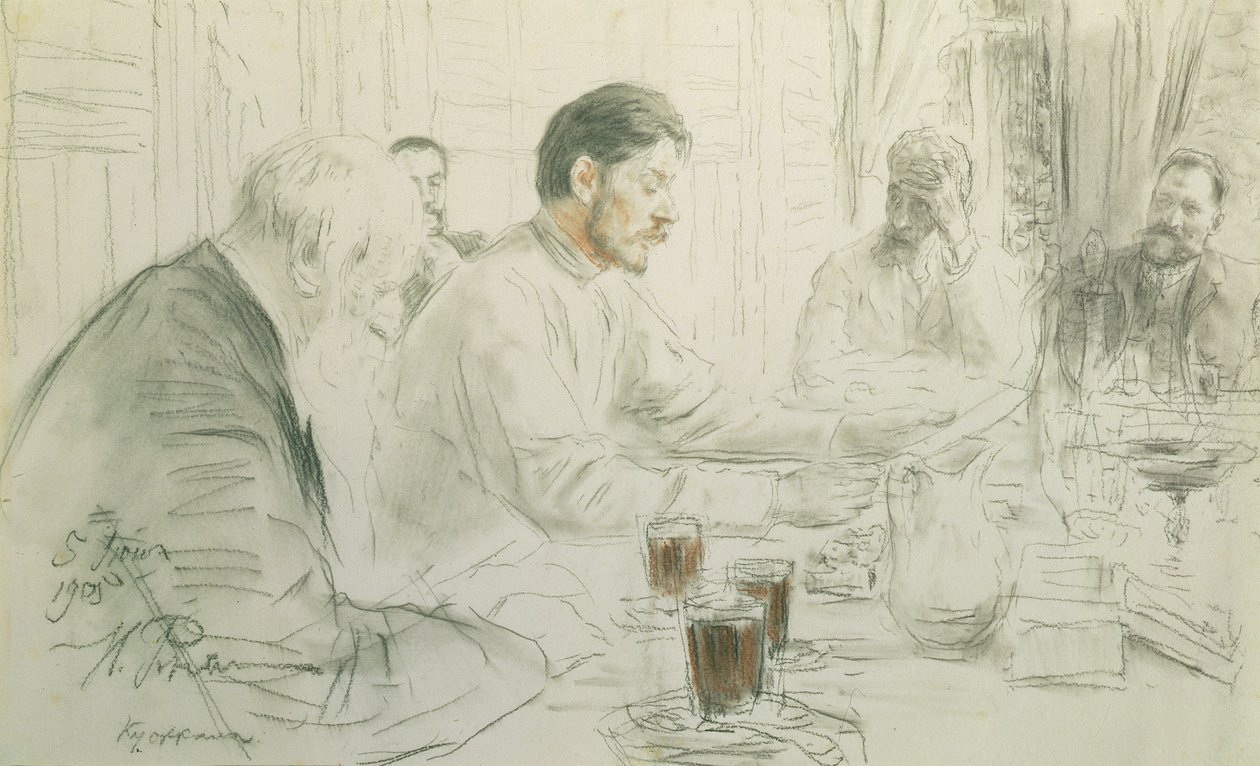 Maksym Gorki (1868-1936) Czytanie wiersza „Dzieci Słońca”, 1905 (ołówek i kreda na papierze) autorstwa Ilya Efimovich Repin