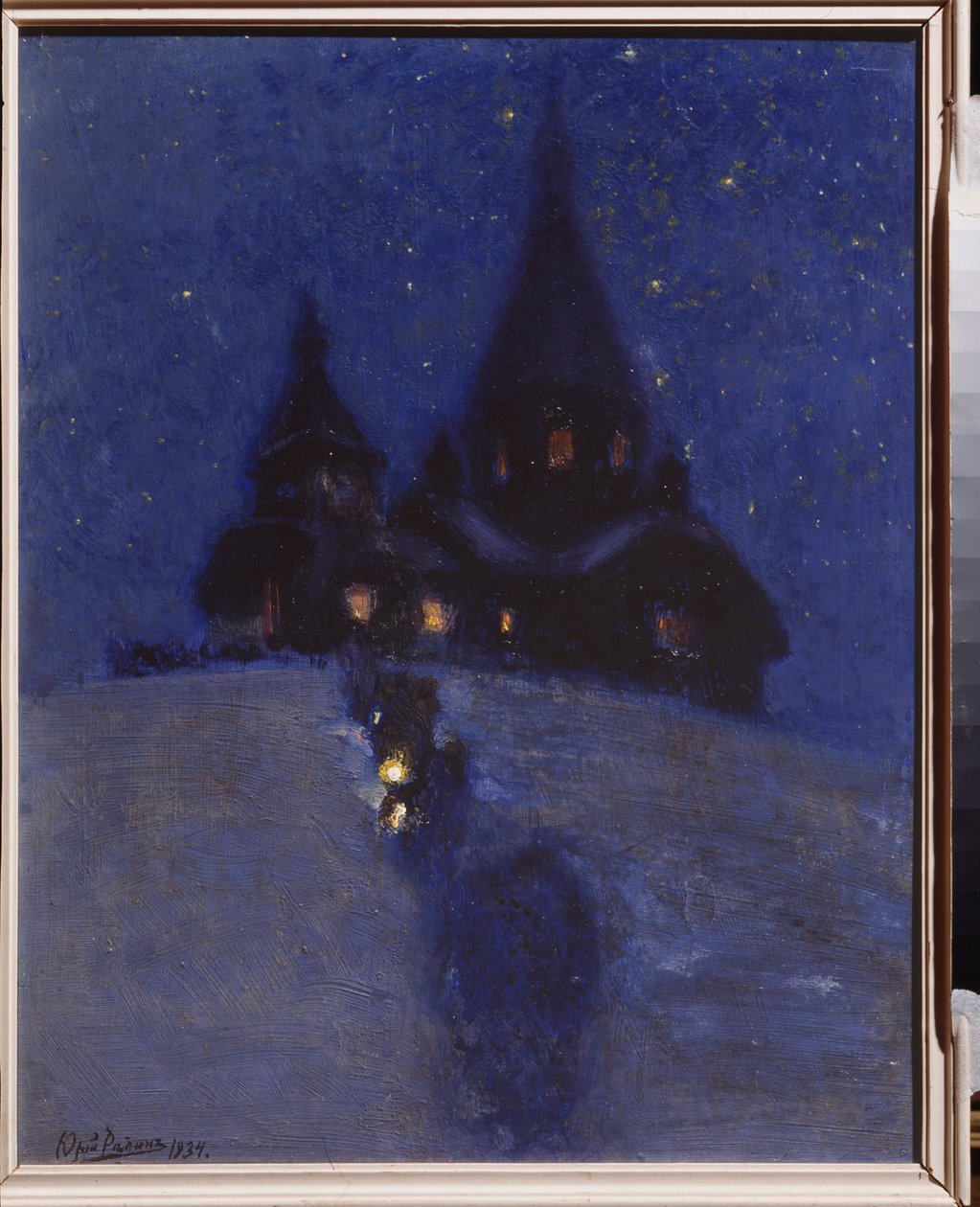 Kościół w Kuokkala (lub Repino, Rosja) w noc Bożego Narodzenia. Obraz Jurija Iljicza Repina (Youri Repin) (1877-1954), olej na drewnie, ok. 1910 r. Sztuka rosyjska XX w. I. Repin Memorial Museum Penates, Sankt Petersburg. autorstwa Ilya Efimovich Repin