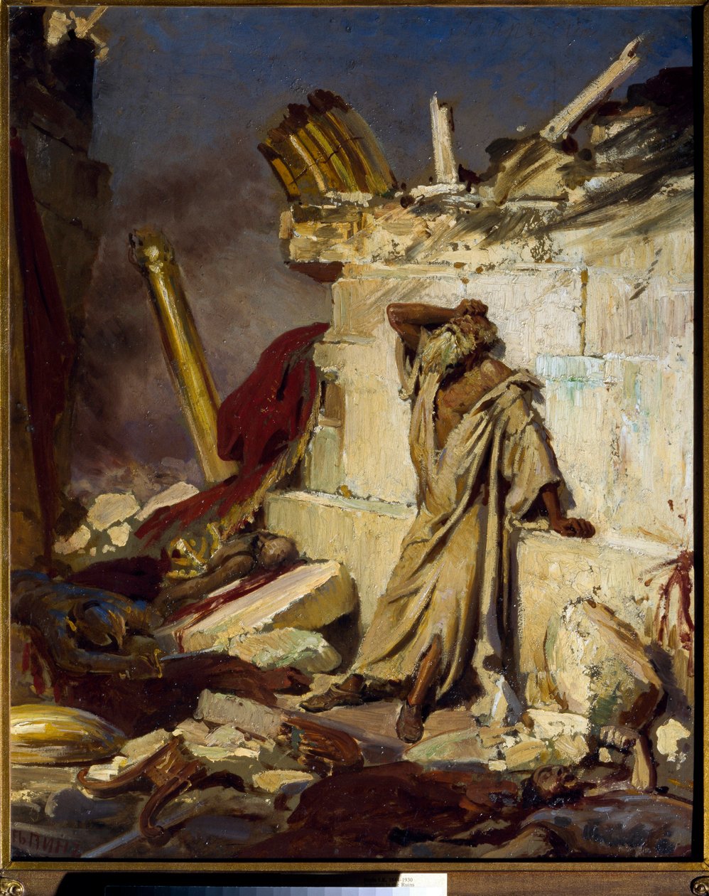 „Jeremie opłakujący zniszczenie Jerozolimy” Obraz Ilji Jefimowicza Repina (Ilia Repin) (1844-1930) 1870, Dim 91,3x75 cm Państwowa Galeria Trietiakowska, Moskwa autorstwa Ilya Efimovich Repin