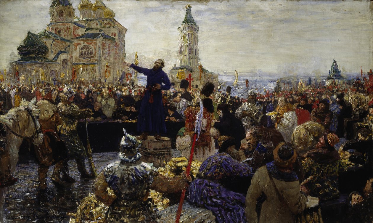 Kouzma (Kuzma) Minin (zm. 1616) wzywa lud Niżnego Nowogrodu w 1611 r. (Podniósł lud Moskwy przeciwko Polakom) (Minin apeluje do ludu Niżnego Nowogrodu w 1611 r.) - Obraz Ilji Jefimowicza Repina (1844-1930) ), olej na płótnie autorstwa Ilya Efimovich Repin