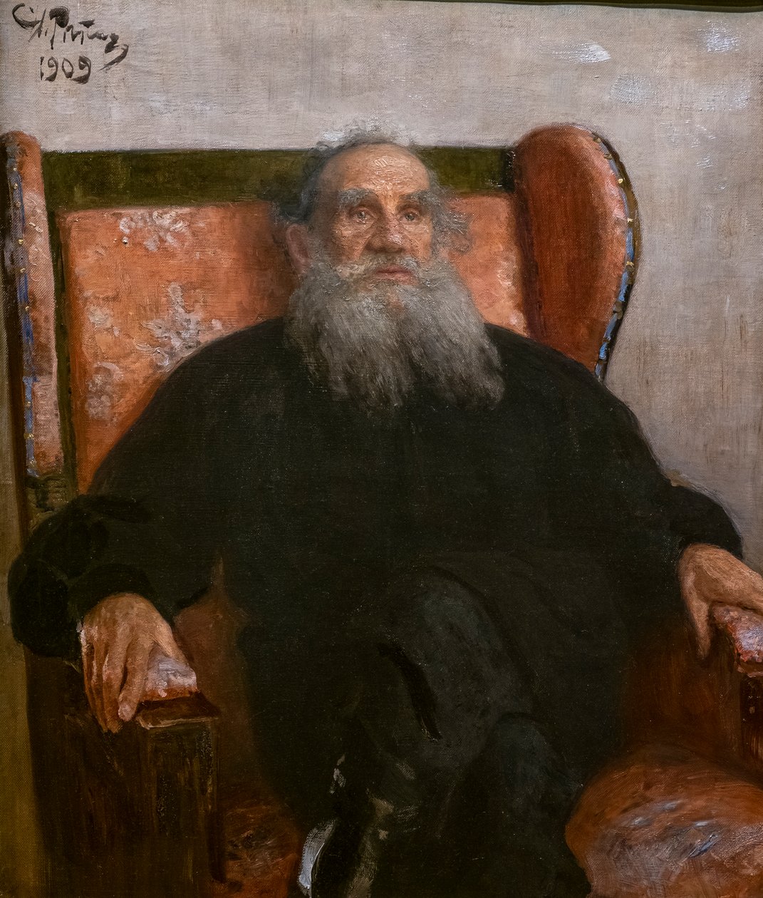 LEON TOLSTOI W RÓŻOWYM FOTELU autorstwa Ilya Efimovich Repin
