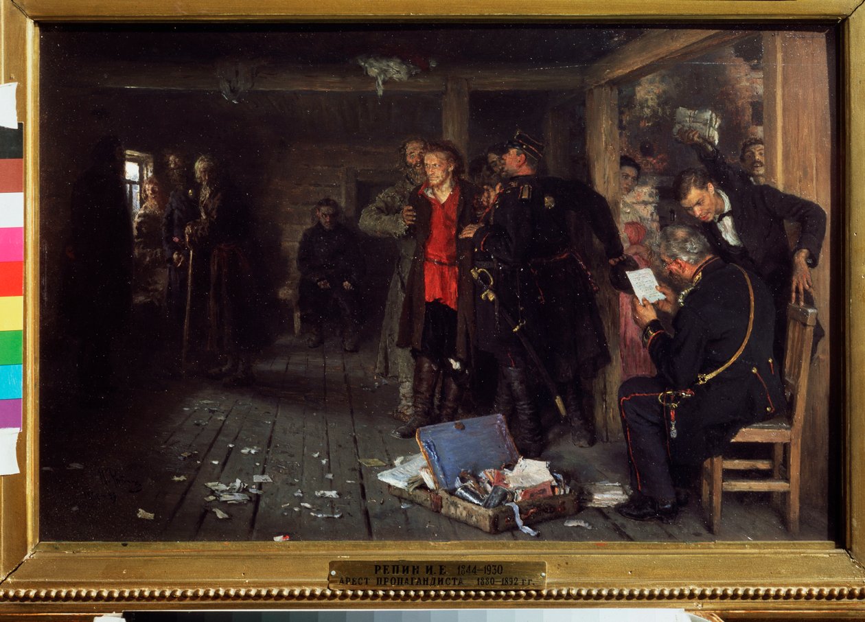 Aresztowanie propagandysty. Obraz Ilyi Repina (Ilia Repin) (1844-1930), olej na drewnie autorstwa Ilya Efimovich Repin