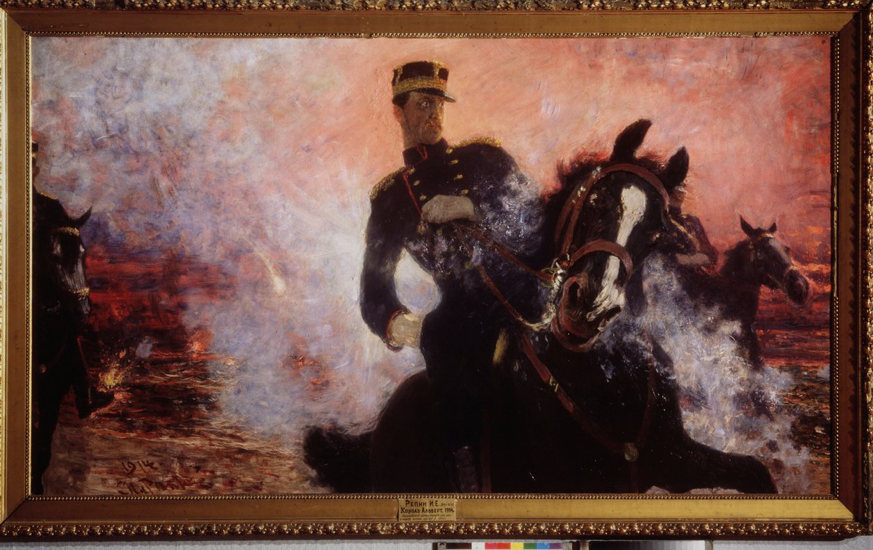 Król Belgijski Albert I (1875-1934) podczas wybuchu tamy w 1914 roku. Obraz Ilya Yefimovich Repin (Ilia Repin) (1844-1930), olej na płótnie autorstwa Ilya Efimovich Repin