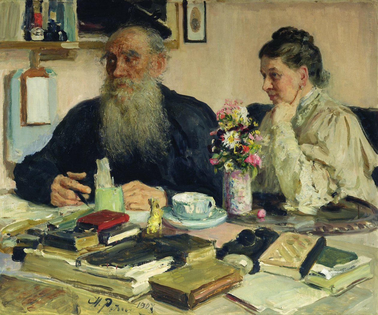 Lew Tołstoj z żoną w Jasnej Polanie, 1907 autorstwa Ilya Efimovich Repin