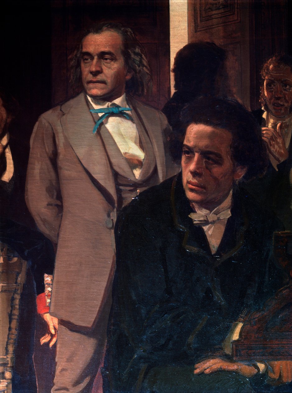 Kompozytorzy Anton Rubinstein (1829-1894) i Aleksander Sierow (1820-1871). Fragment obrazu Kompozytorzy słowiańscy. Obraz Ilji Jefimowicza Repina (Ilia Repin) (1844-1930), olej na płótnie autorstwa Ilya Efimovich Repin