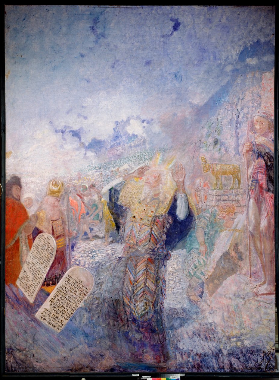 Mojżesz i Dziesięć Przykazań. Za nim Złoty Cielec. Obraz Jurija Iljicza Repina (Youri Repin) (1877-1954), olej na płótnie, ok. 1930 r. Sztuka rosyjska XX w., sztuka współczesna. I. Repin Memorial Museum Penates, Sankt Petersburg. autorstwa Ilya Efimovich Repin