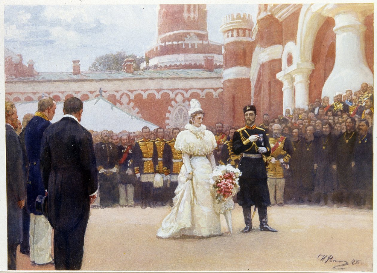 Mikołaj II (1868-1918) i jego żona Aleksandra Fiodorowna (lub Aleksandra Fiodorowna) (1872-1918), przyjmujący starszyznę wsi 18 maja 1896 r. Na dziedzińcu Pałacu Pietrowskiego w Moskwie. (Mikołaj II otrzymuje starszych okręgów wiejskich 18 maja) autorstwa Ilya Efimovich Repin