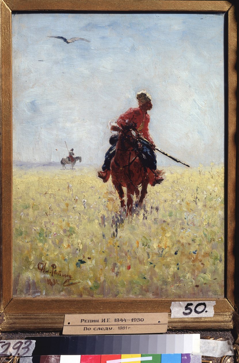 Kurs uznania. (Jeździec kozacki zaporoski pod obserwacją na ukwieconej równinie). Obraz Ilji Jefimowicza Repina (Ilia Repin) (1844-1930), olej na płótnie autorstwa Ilya Efimovich Repin