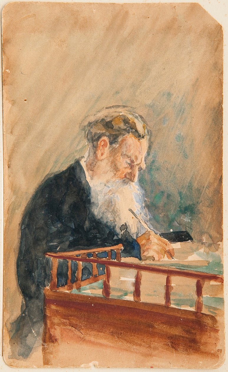 Portret autora Lwa N Tołstoja (Portret autora Lwa N Tołstoja) - Dzieło Ilji Jefimowicza Repina (Ilia Repina) (1844-1930), akwarela na papierze (16x10 cm), ok. 1900, sztuka rosyjska , XX wiek - Prywatne kolekcja autorstwa Ilya Efimovich Repin