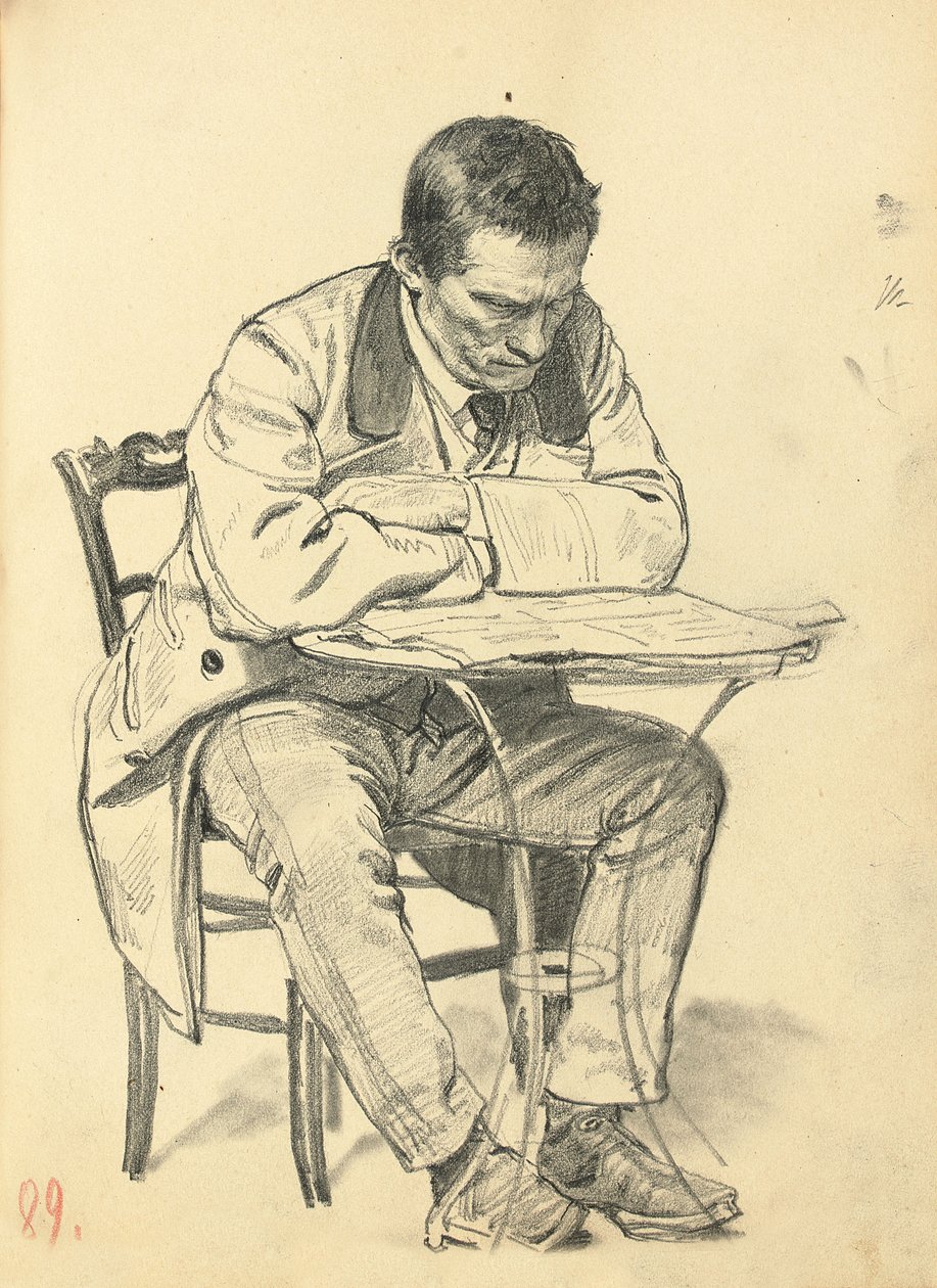 Studium do „Kawiarni paryskiej”: Mężczyzna siedzący przy stoliku w kawiarni, czytający gazetę, c. 1872-1875 autorstwa Ilya Efimovich Repin