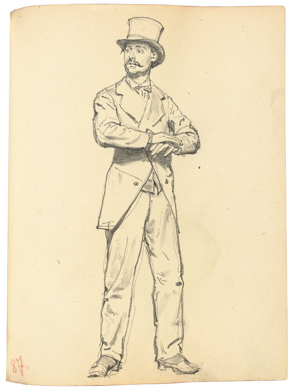 Studium do „Kawiarni paryskiej”: Stojący mężczyzna w kapeluszu z rozłożonymi nogami, ok. 1930 r. 1872-1875 autorstwa Ilya Efimovich Repin