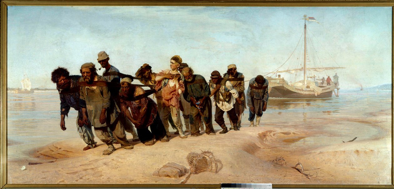 Przewoźnicy z Wołgi Grupa mężczyzn (ciągników) wyciąga łódź z wody w Rosji - Obraz Ilia (Ilya) Repine (1844-1930), olej na płótnie autorstwa Ilya Efimovich Repin