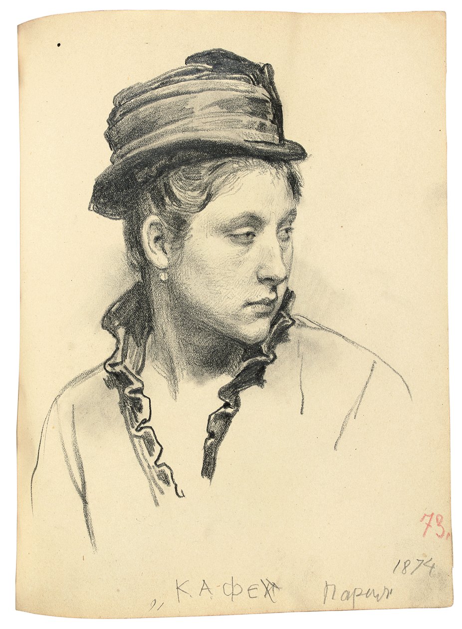 Kobieta w kapeluszu, głowa odwrócona na bok, 1874 autorstwa Ilya Efimovich Repin