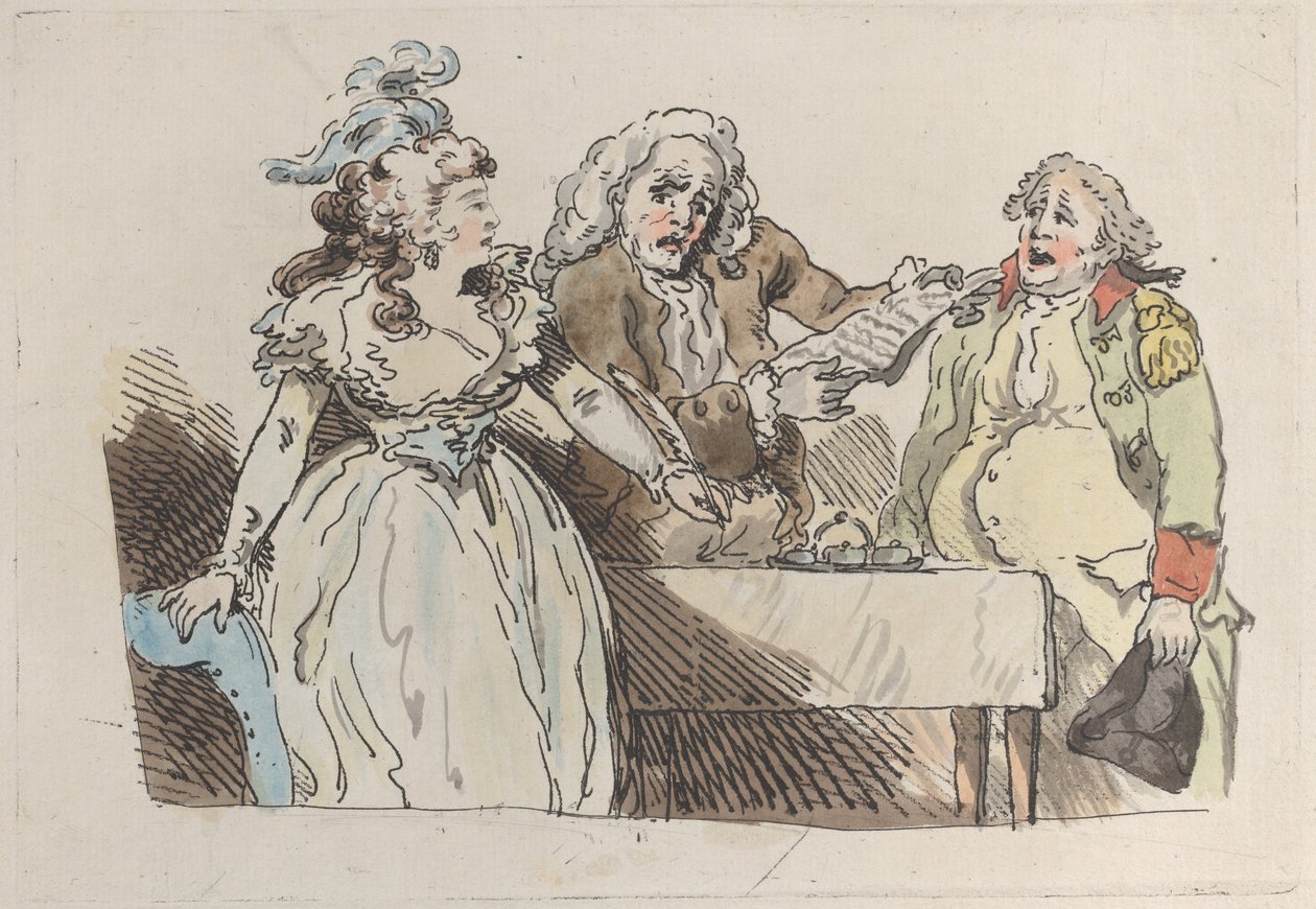 Młoda dziedziczka przygotowuje się do podpisania dokumentu, 1780-1800., 1780-1800. autorstwa Imitator of Thomas Rowlandson.