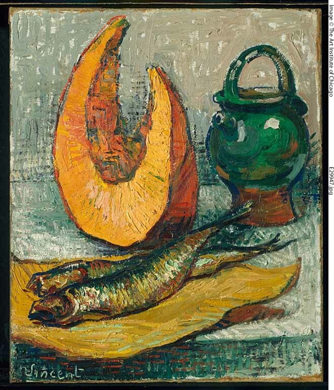 Martwa natura: Melon, słoik z rybą autorstwa Imitator of Vincent van Gogh
