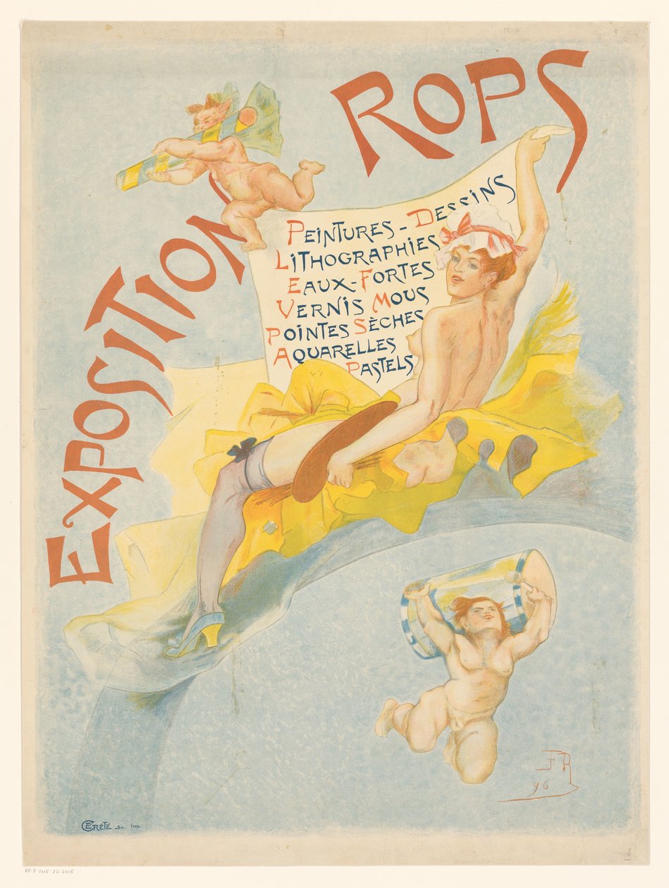 Plakat do wystawy z pracami Feliciena Rops Ropy ekspozycyjne (tytuł na obiekcie) autorstwa Imprimerie Crété