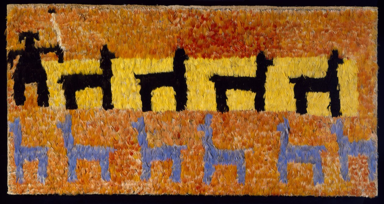 Panel z piór z lamami i pasterzem lamy, 1450-1534 AD (tkana bawełna i pióra) autorstwa Incan