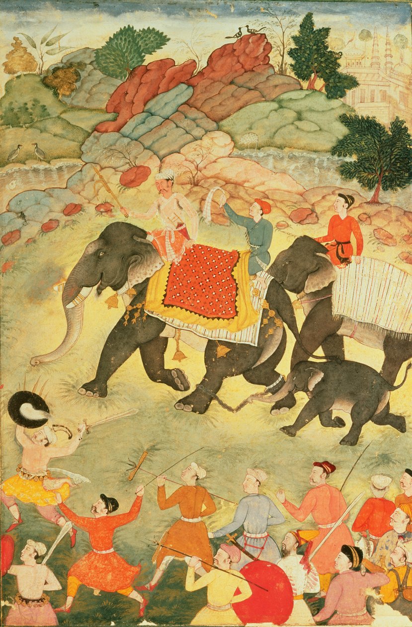 Partia łowców słoni, Mogołów, ok. 1615, (tempera na papierze) autorstwa Indian School