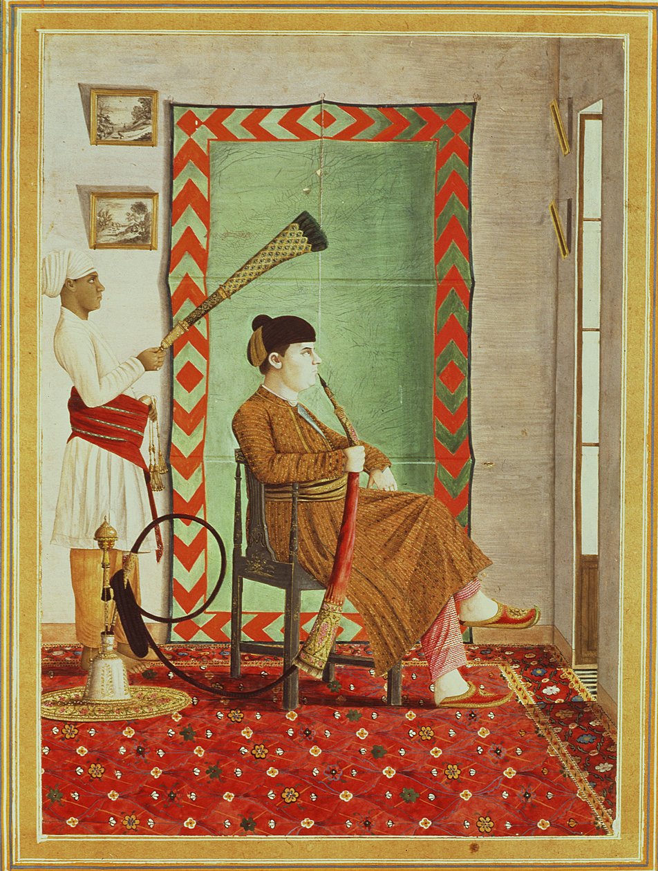 Portret europejskiego dżentelmena w indyjskim stroju siedzącego przed otwartym oknem i palącego fajkę wodną, Lucknow, Company School autorstwa Indian School