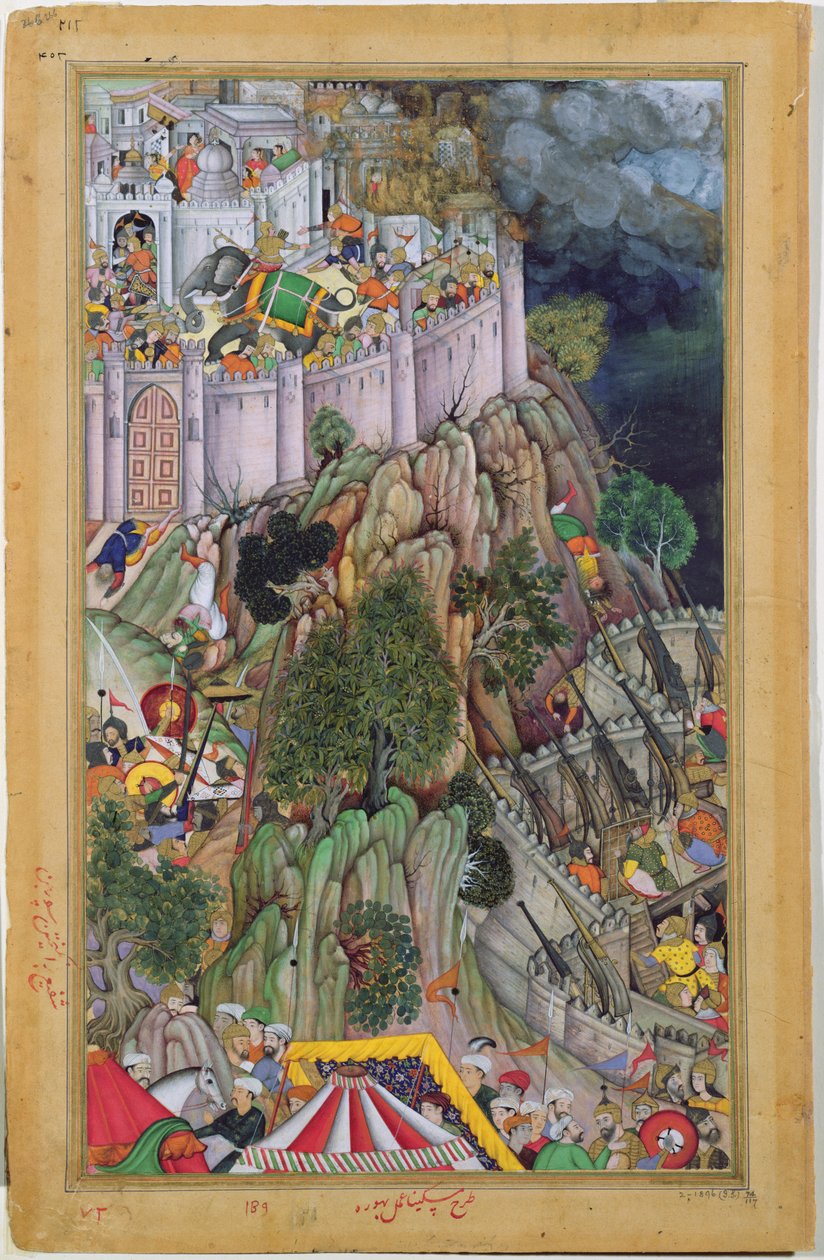 Siły Akbarsa oblegające fort Rai Surjan Hadas w Ranthambhor w Radżastanie, w 1569 r., od Akbarnama, Mogołów, ok. 1590-95 (nieprzezroczysta toaleta i złoto na papierze) autorstwa Indian School