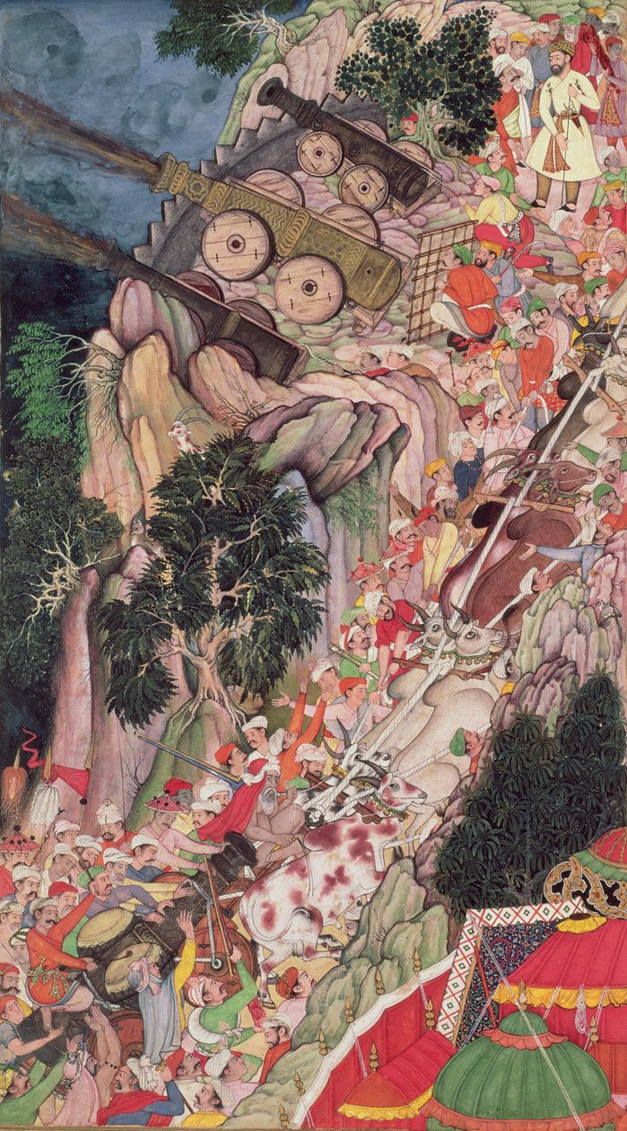 Woły ciągnące działa oblężnicze pod górę podczas ataku na Fort Ranthambhor, z Akbarnama, Mogołów, ok. 1590-95 (nieprzezroczysta toaleta i złoto na papierze) autorstwa Indian School
