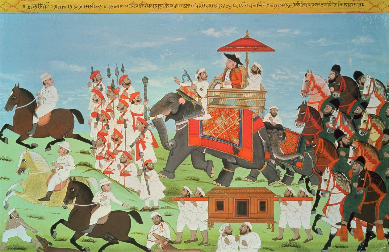 Pułkownik James Tod podróżujący na słoniu przez Radżastan ze swoją kawalerią i sipajami (gwasz) (patrz także 82777) autorstwa Indian School
