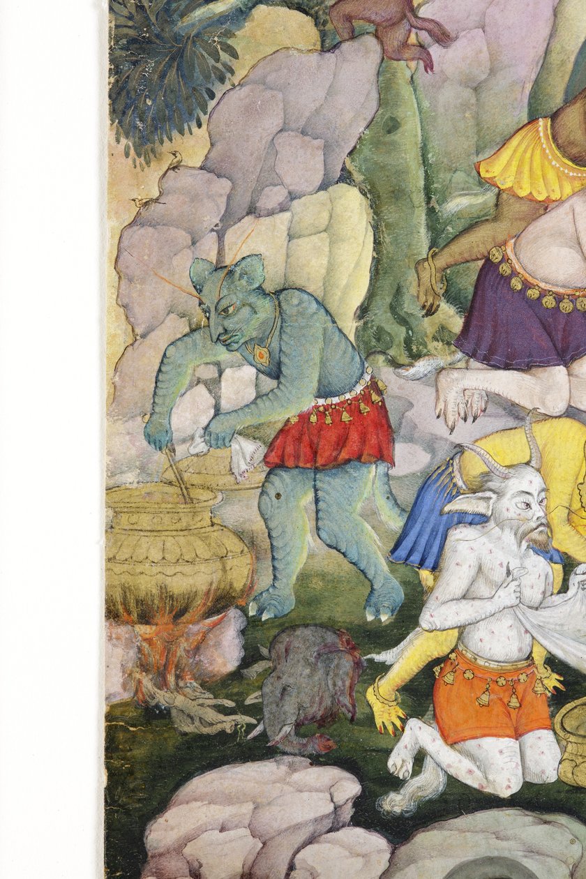 Fragment obrazu Demony w dzikim krajobrazie, ok. 1600 (nieprzezroczysta toaleta i złoto na papierze) autorstwa Indian School