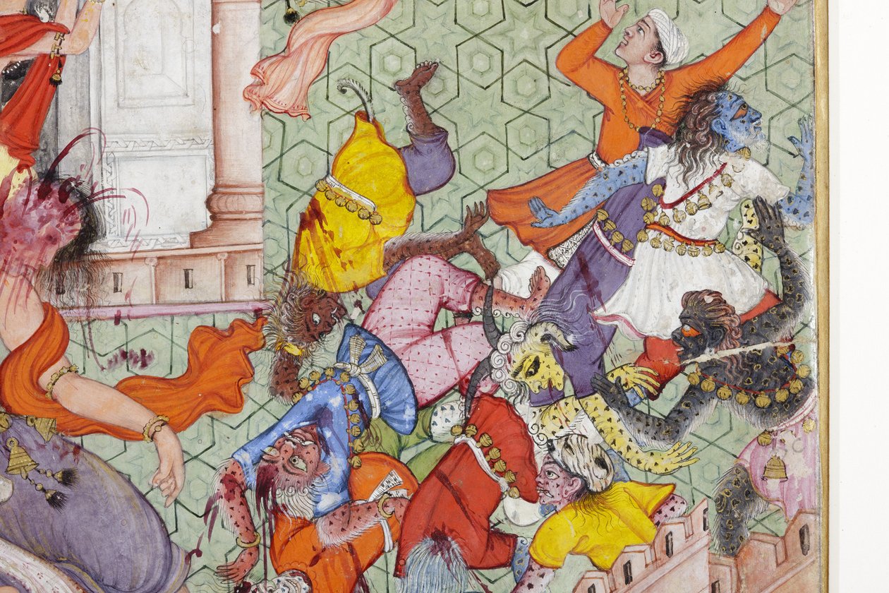 Fragment obrazu Krishna rozszczepia demona Narakasurę ze swoim dyskiem, ok. 1585-90 (nieprzezroczysta toaleta i złoto na papierze) autorstwa Indian School