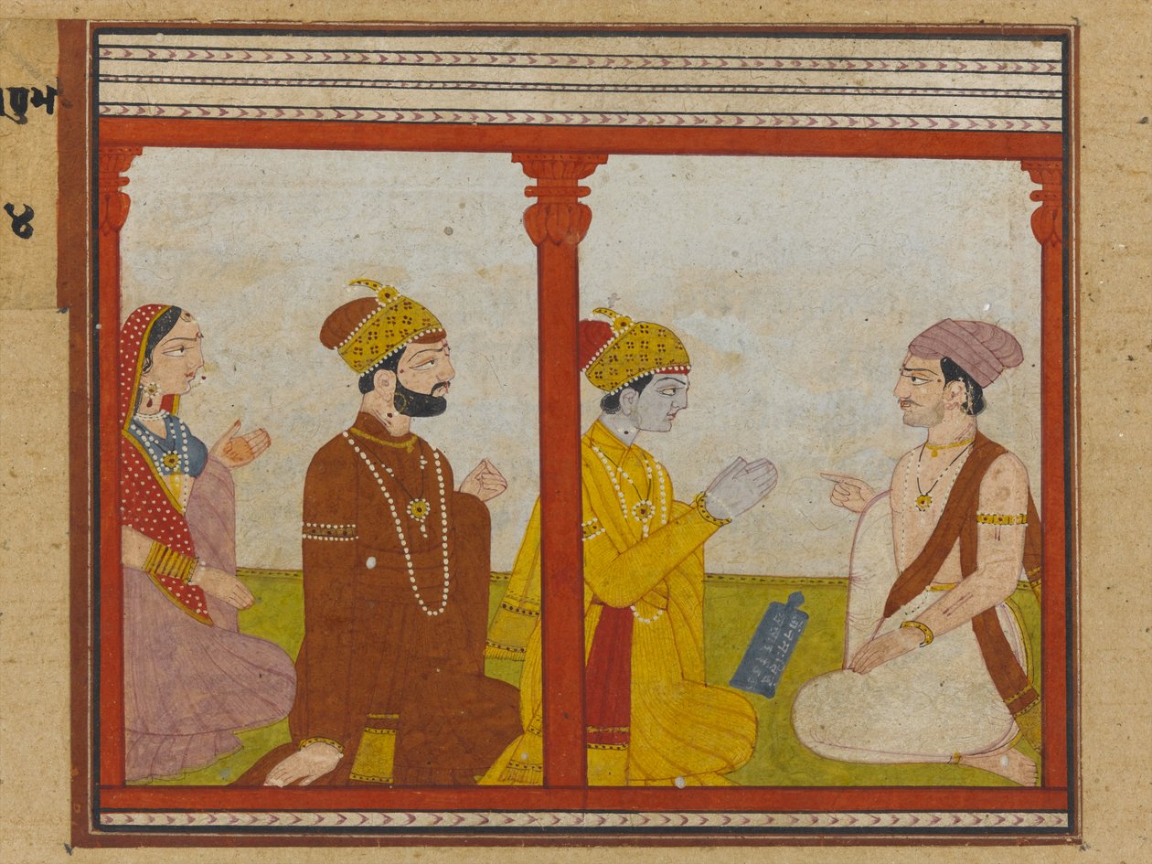 Ilustracja z serii Madhu-Malati, ok. 1799 (nieprzezroczysta toaleta i złoto na papierze) autorstwa Indian School