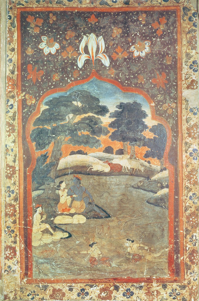 Kryszna i Radha nad rzeką, szkoła Pahari autorstwa Indian School