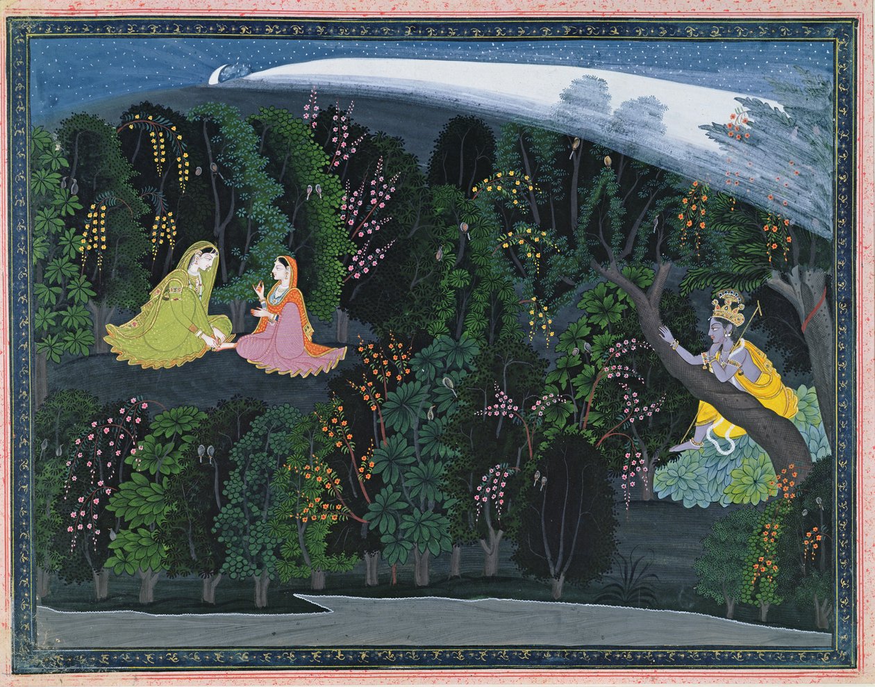 Krishna spogląda tęsknie na Radhę, ilustracja z serii Lumbagraon Gita Govinda, ok. 1820-25 (nieprzezroczysta toaleta i złoto na papierze) autorstwa Indian School
