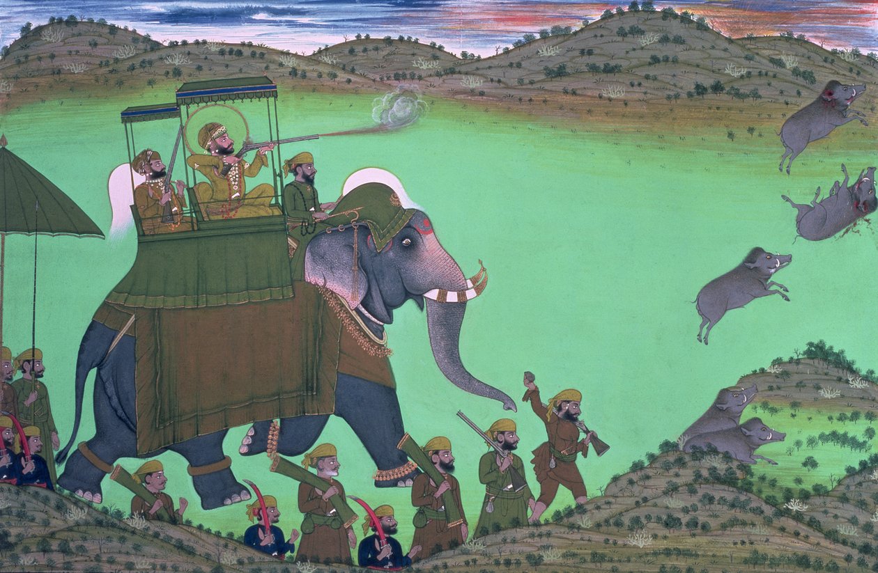 Maharana Sarup Singh z Udaipur strzelający do dzika z Grzbietu Słonia, Radżastan, 1855. autorstwa Indian School
