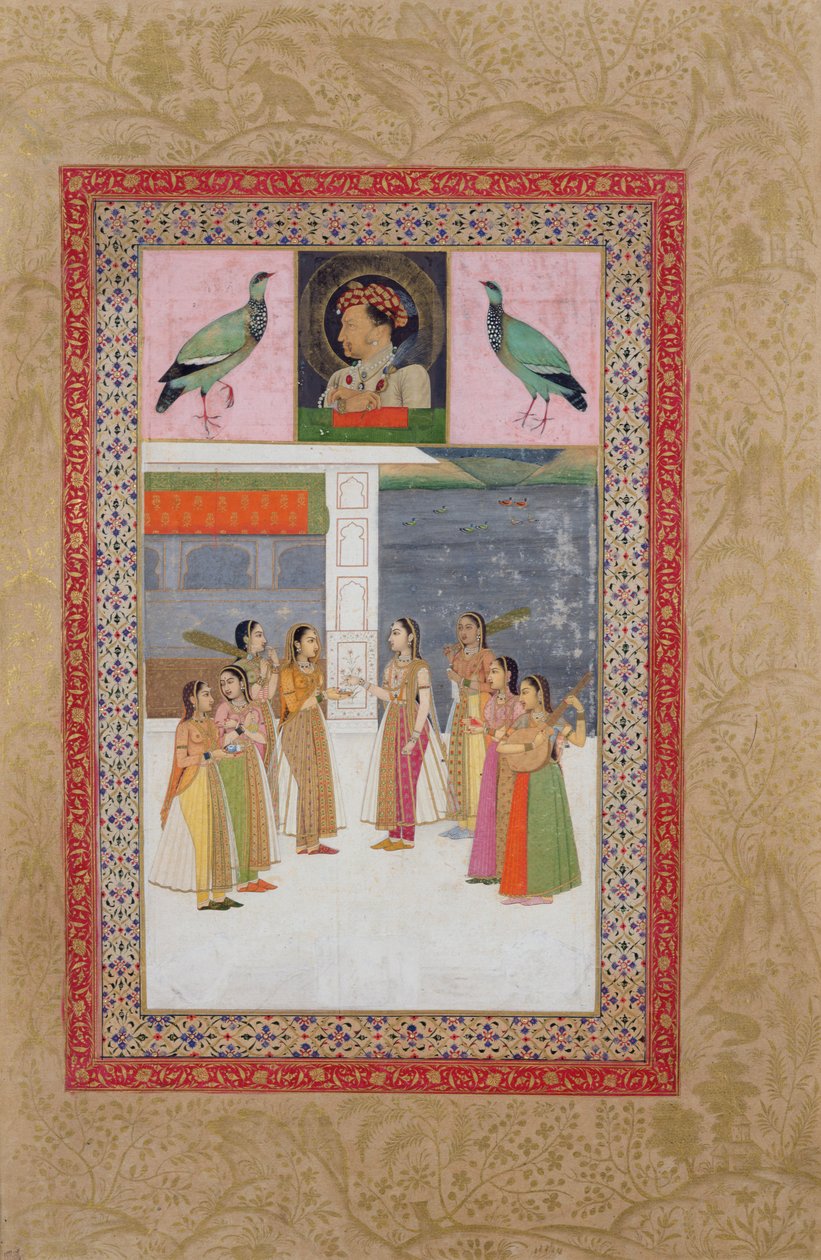 Pani E-14 Portret Djahangira (1569-1627) dwa ptaki i szlachetne kobiety w rozmowie autorstwa Indian School